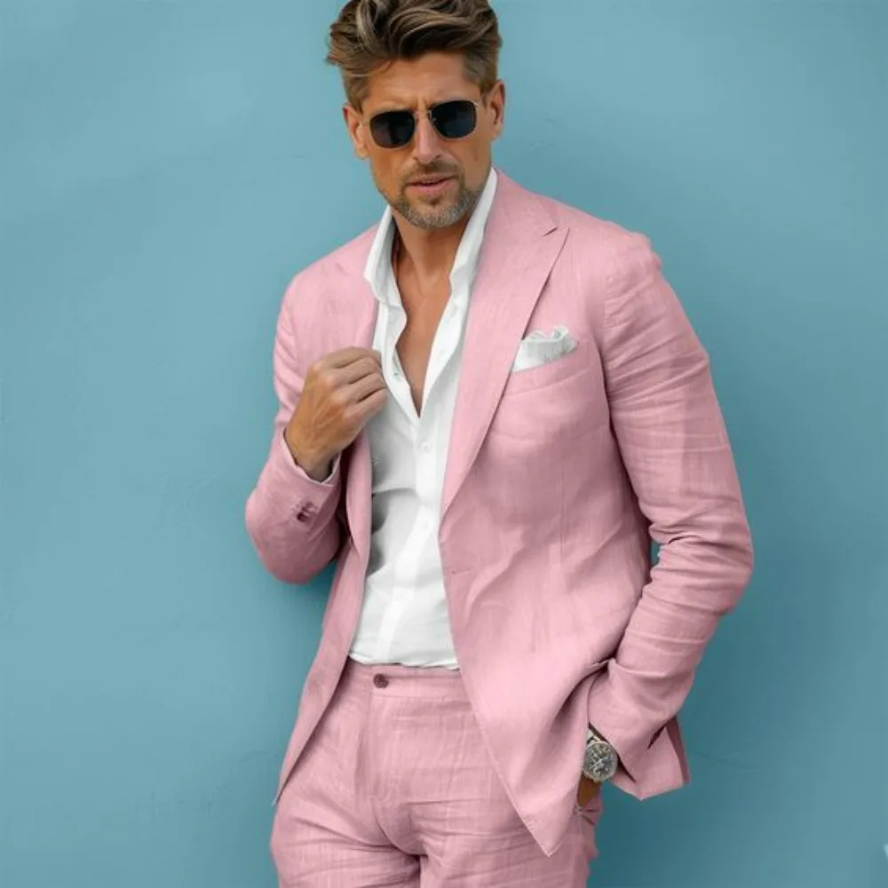 Linen Wedding Men Suits Slim Fit Blazer Pants Set Summer Breathable Casual Business Formal Suit for Party Vacation 2 Pcs