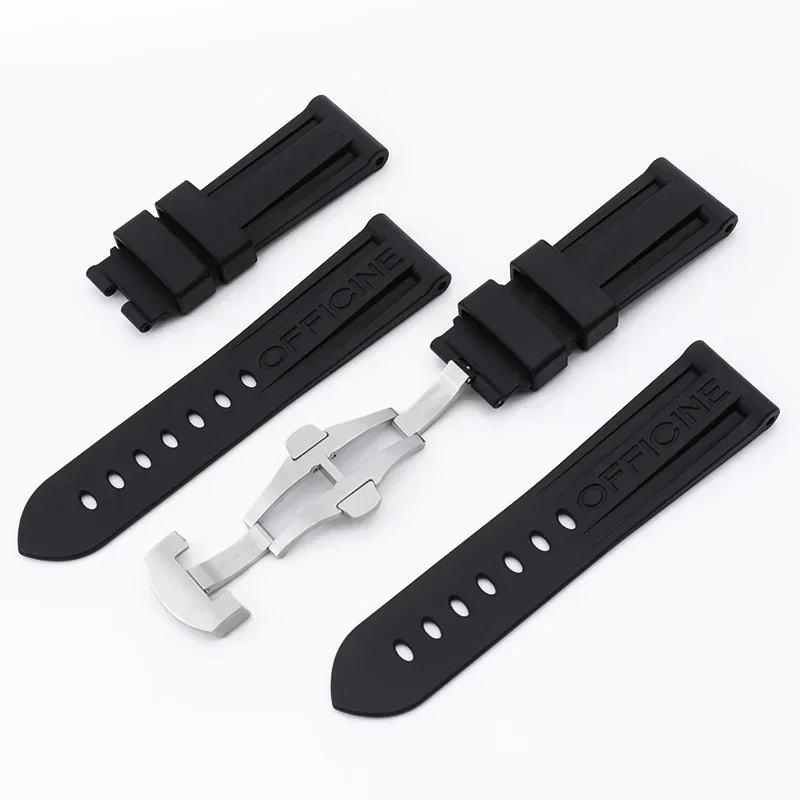 24mm Black Top Grade Quality Soft Fluoro Rubber Watch Band Folding Buckle For Panerai Strap PAM441/111 Wristband For 44mm Dial