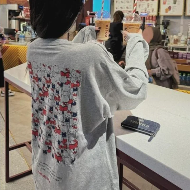 

Футболка Sanrio Hello Kitty с длинным рукавом, женская повседневная одежда с мультяшным принтом, модная, стильная, плотная, оверсайз, дерзкий дизайн, топ-футболка