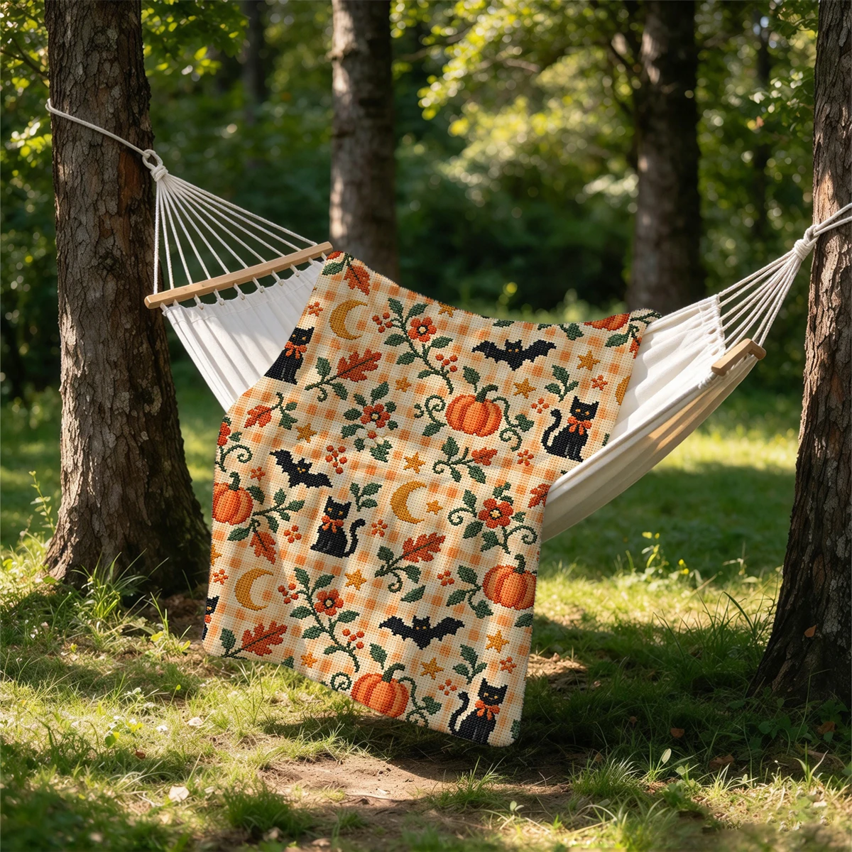 Autumn Cross stitch Flannel Blanket Warm Soft Halloween Christmas Couch Warm Cozy Decorative Decor Gift for All Season