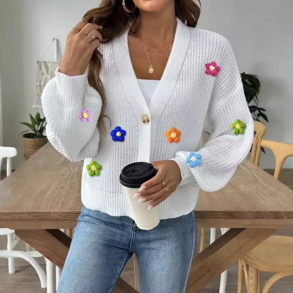 

Women's European And American Woven Sweater Autumn Winter Hand Crochet Stitching Short Button Coat Cardigan