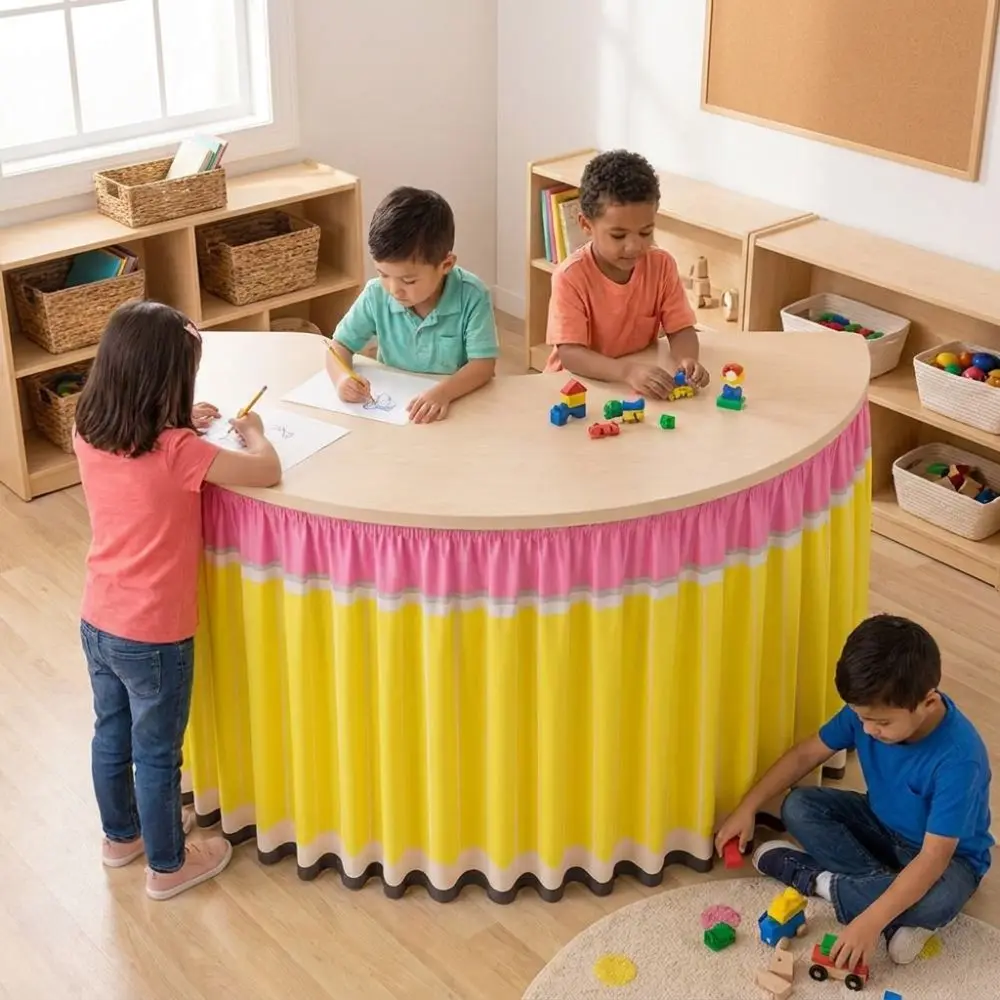 Cartoon Pencil Ruffled Table Skirt School Stationery Theme Elastic Edge Classroom Skirt Cover Polyester Wrinkle Resistant