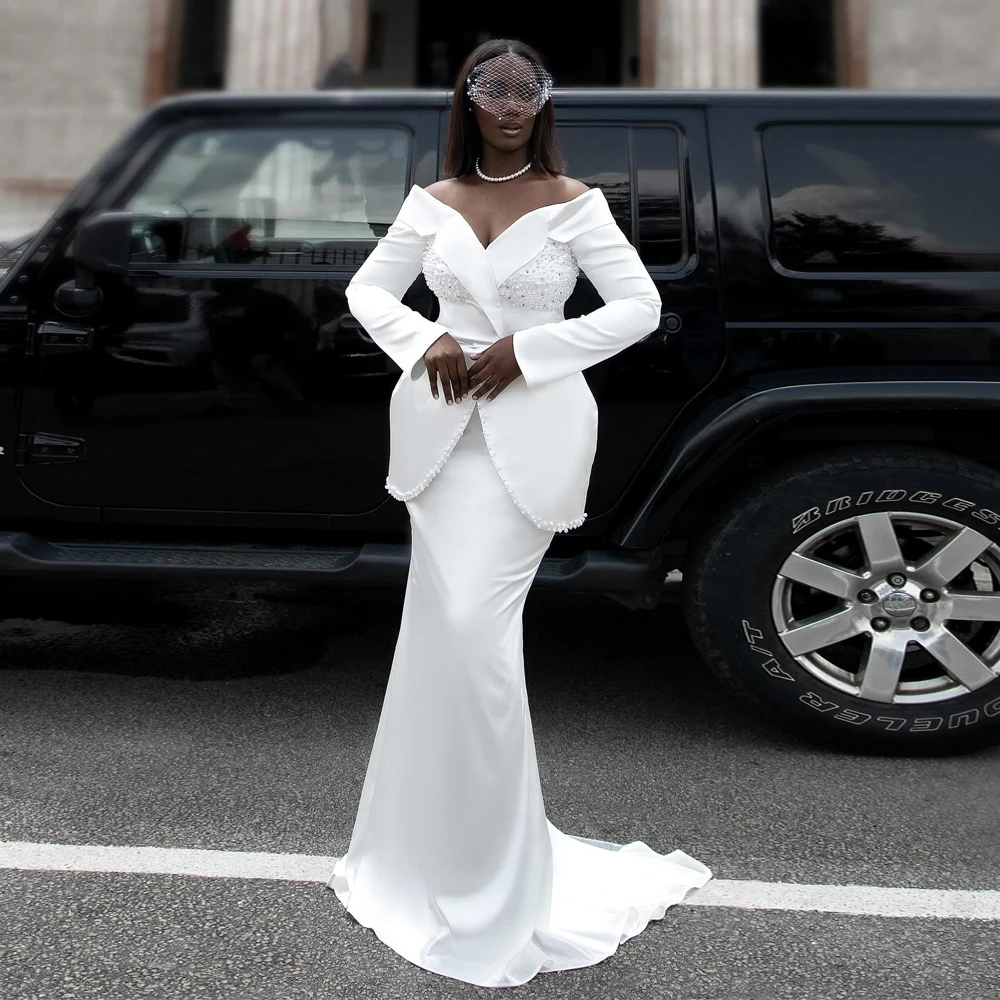 

Pearls Wedding Dresses Full Sleeve Satin Bride Gowns For African Women Sexy V neck Beading Wedding Party Dress 2025 Customized