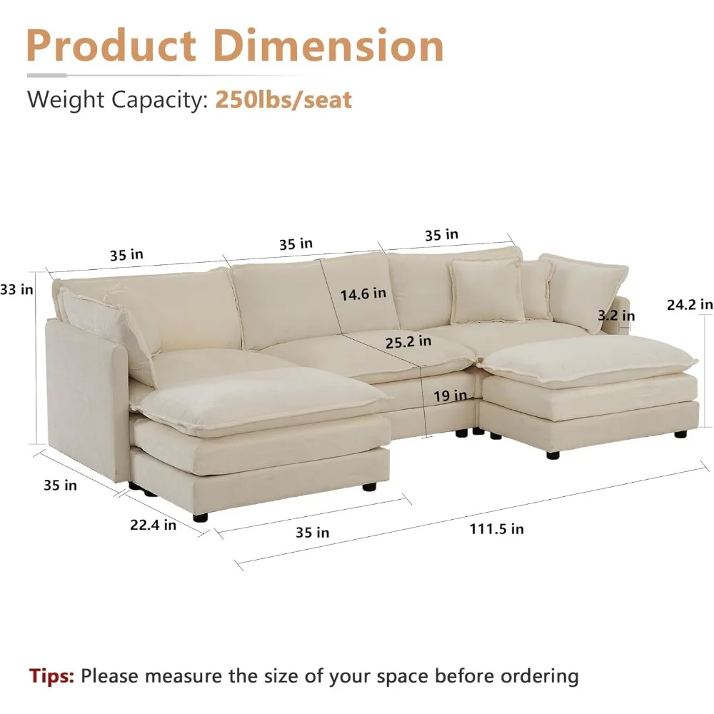 Modular Sectional Sofa,U Shaped Couch Set for Living Room, 3-Seater Comfy Cloud Couches with Movable Ottoman, DIY Combination