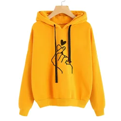 Tops Long Sleeve Heart Print Hoodie Blouse Women Jumper Hooded Pullover Women'S Casual Drawstring Sweatshirt Female Clothing