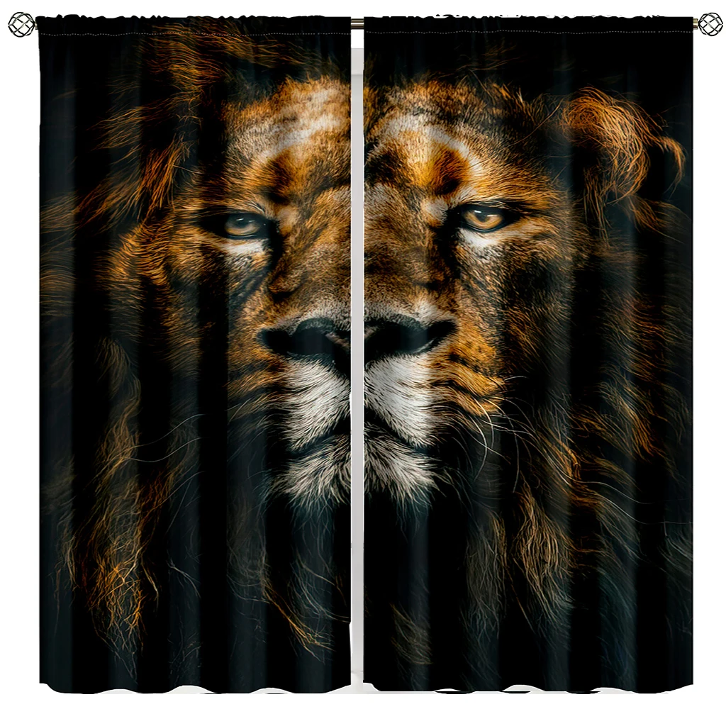 2pcs Lion Curtains African Wildlife Animal Window Drapes Grassland King Of Jungle Tree Window Curtains For Bedroom Living Room O