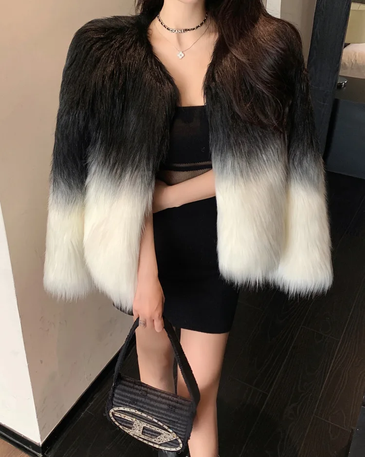 DEAT Fashion Gradient Color Fuax Fur Coat Women's O-neck Loose Thick Plush Imitation Fox Fur Grass Jacket Winter 2024 New 7AB628