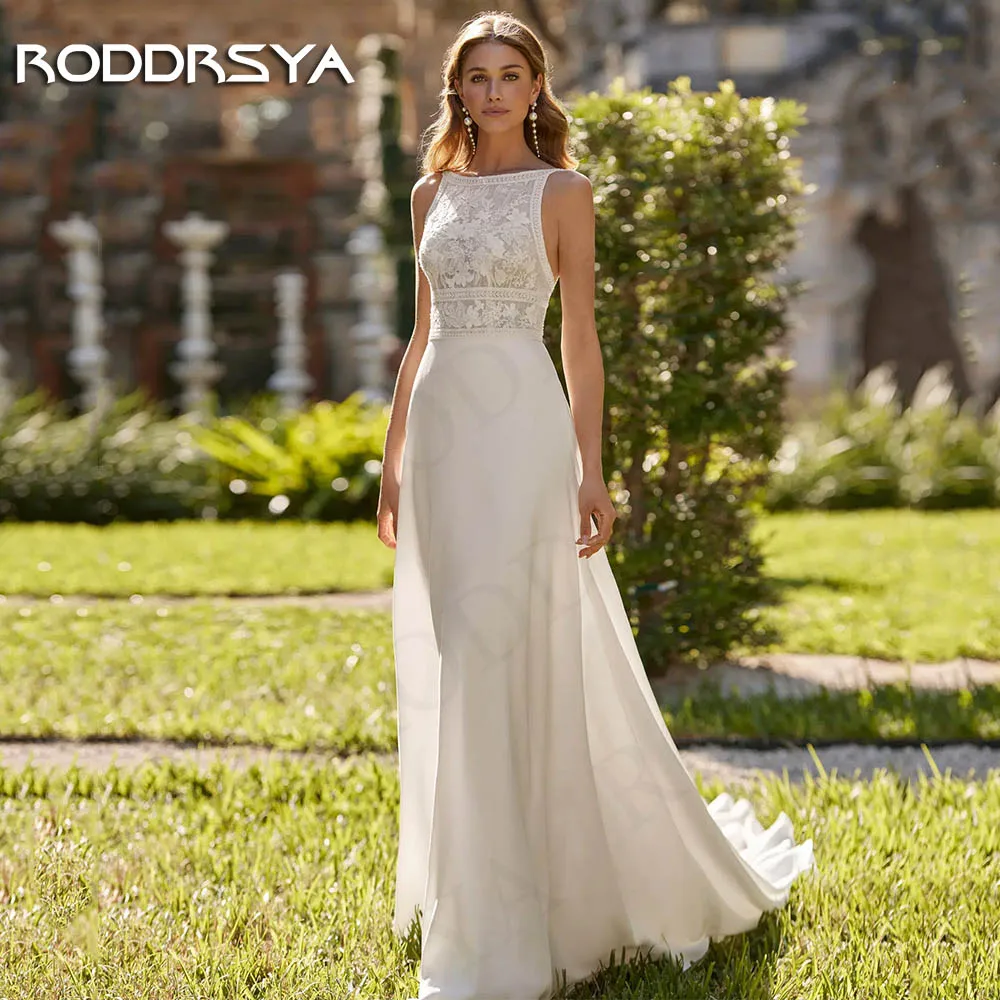 RODDRSYA-Robe de Mariée Élégante en Satin Style Boho, Dos aux, Ligne A, Col Rond, Éducative, Personnalisée Robe de mariée boho élégante  Robe de mariée en dentelle sans dos  Satin encolure dégagée sans manches vestidos