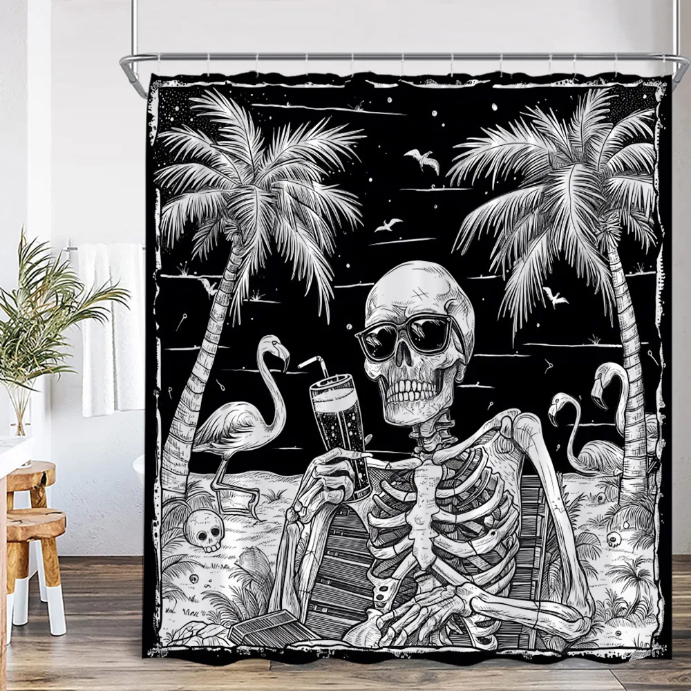 Halloween Skeleton Shower Curtain Skull Cute Ghost Full Moon Night Scary Spooky Bathroom Decor Happy Halloween Bathtub Curtain