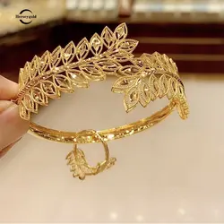 Copper Plating Gold Bracelet Ring Saudi Trendy Bangle Bracelet for Bridal Leaves Design Cuff Bracelet Arabic Luxury Jewelry