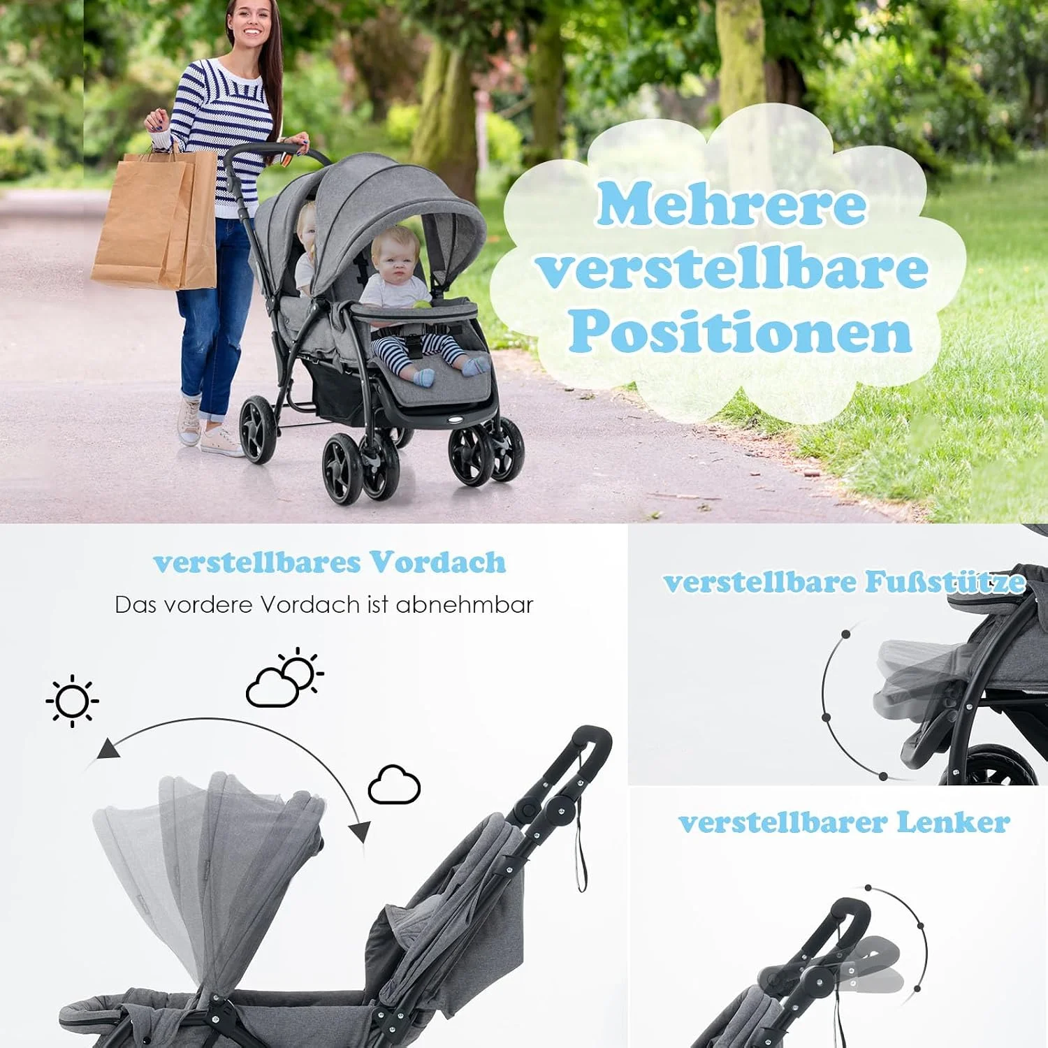 Klappbarer Doppelkinderwagen, Doppelkinderwagen mit verstellbarer Rückenlehne und Kapuze, Reisebuggy mit Liegefunktion – Detail 3