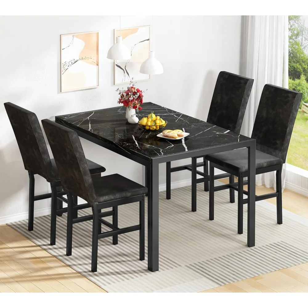 Products 5-Piece Marble Dining Set, Modern Kitchen Table and Chairs for Dining Room, Dinette, Compact Space Saving Furniture