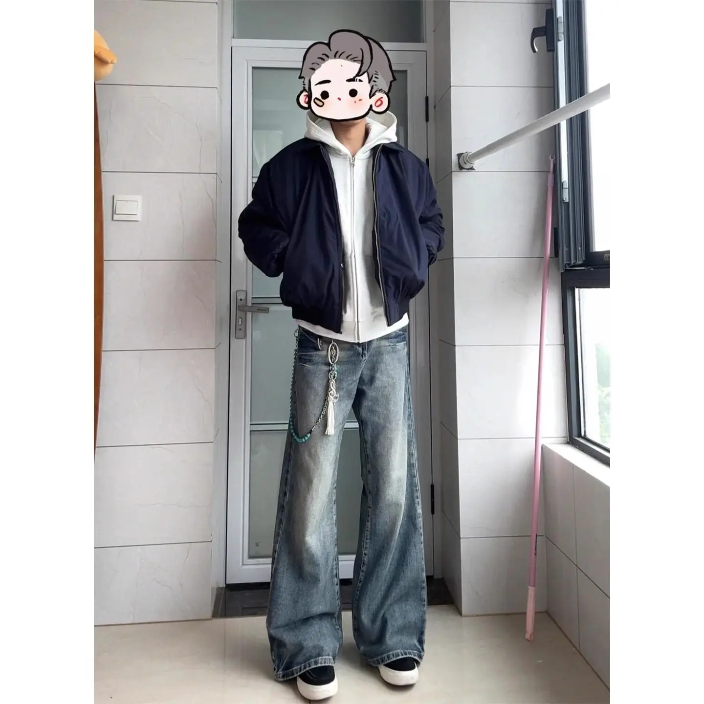 Lightning Pattern Micro-pull Jeans Men's Autumn American High Street Vibe Pants Slim Straight Scimitar Pants