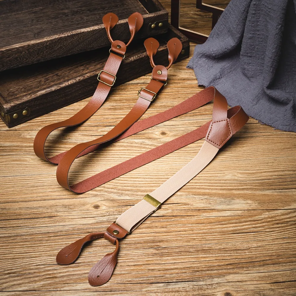 

Fashion Y-Type Suspenders for Men British Style Anti-slip Buttoned Suspenders Retro Suit Accessories PU Leather Suspenders Gift