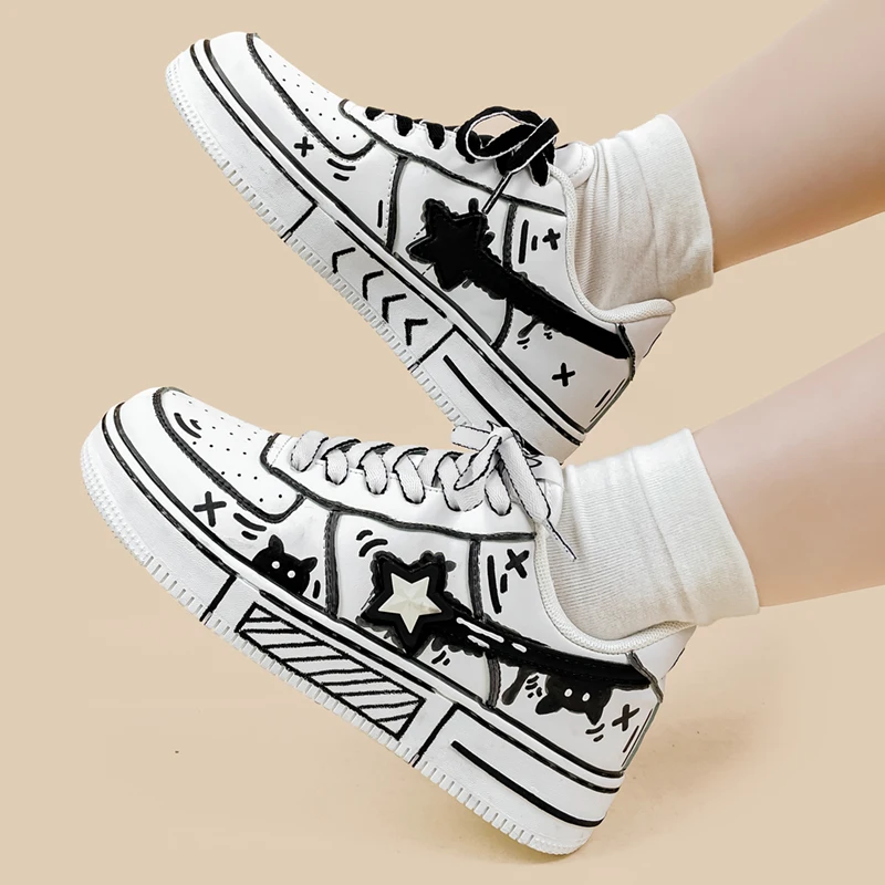 Amy and Michael Original Design Hand-painted Casual Sneakers Fashionable Trendy Women White Trainers Low Top Female Tennis Shoes