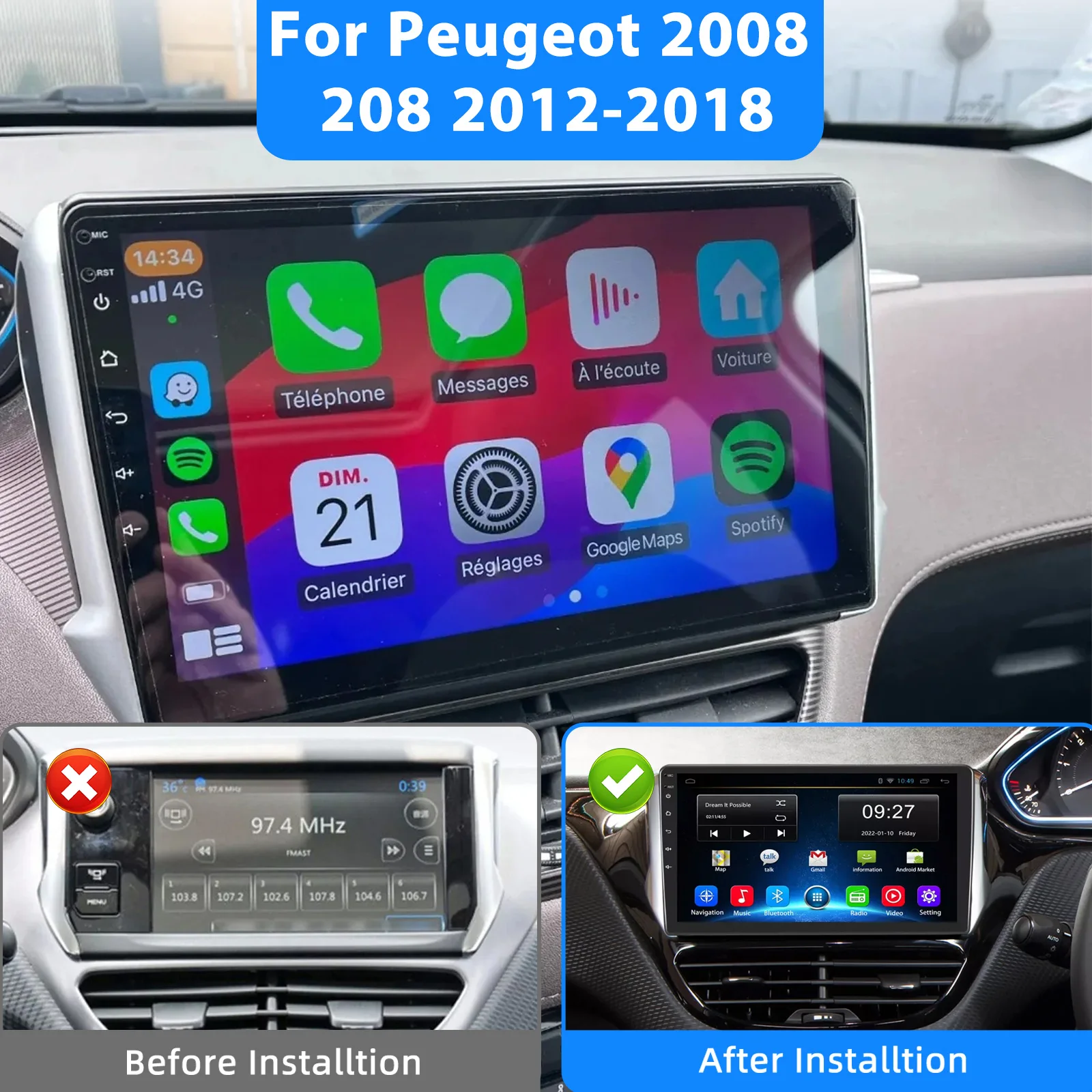 ESSGOO Android 15 Auto Radio für Peugeot 208 (2008, 2012-2018), Intelligente Auto-Systeme, Apple CarPlay, GPS, Multimedia-Touchscreen – Detail 2