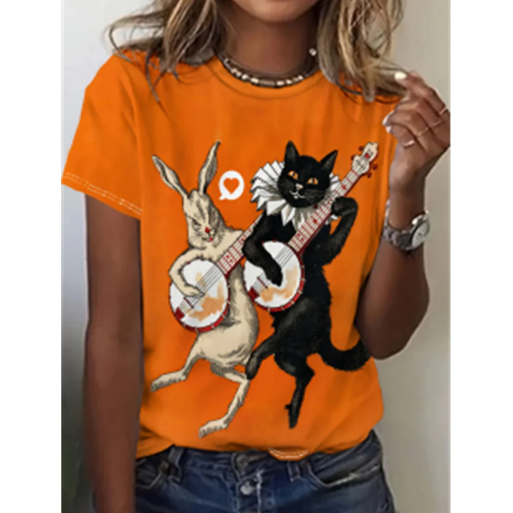 

Cartoon Cat Short Sleeve Cat Women's T-Shirt Summer Fashion 3d Cartoon Women Clothing T Shirt For Women Daily Casual Top Tee