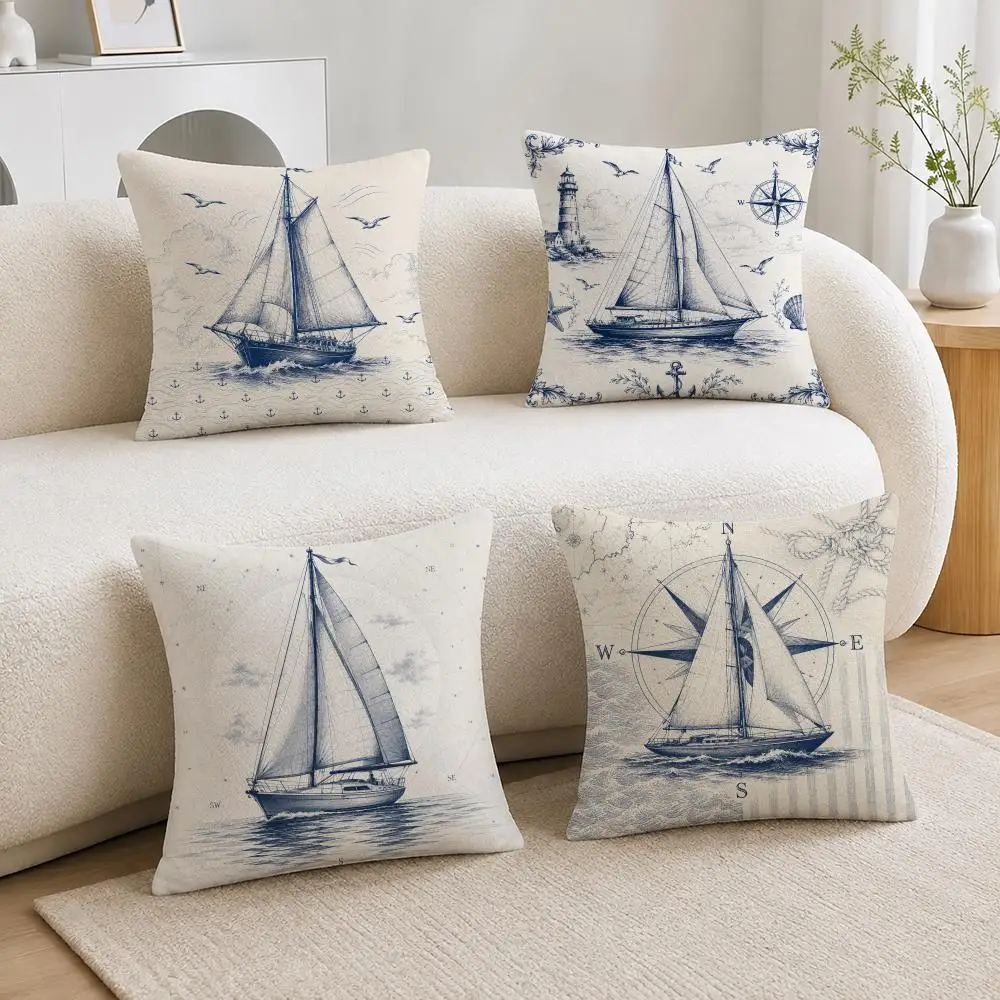 Nautical Coastal Sailing Sailboat Cushion Cover Soft Fluffy Short Plush  Pillow Case  Sofa Bed Home Decor