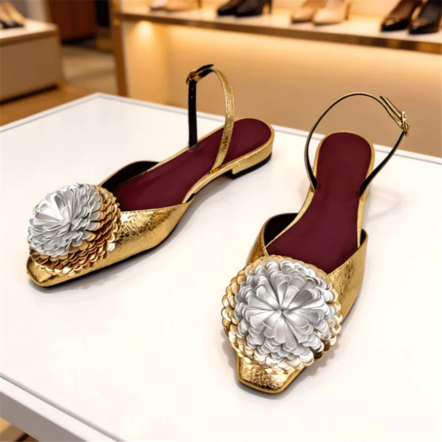 2026 New Summer Flower Decor Gold Flat Sandals Women Buckle Strap Low Heel Pumps Elegant Closed Toe Slingback Dress Shoes Woman