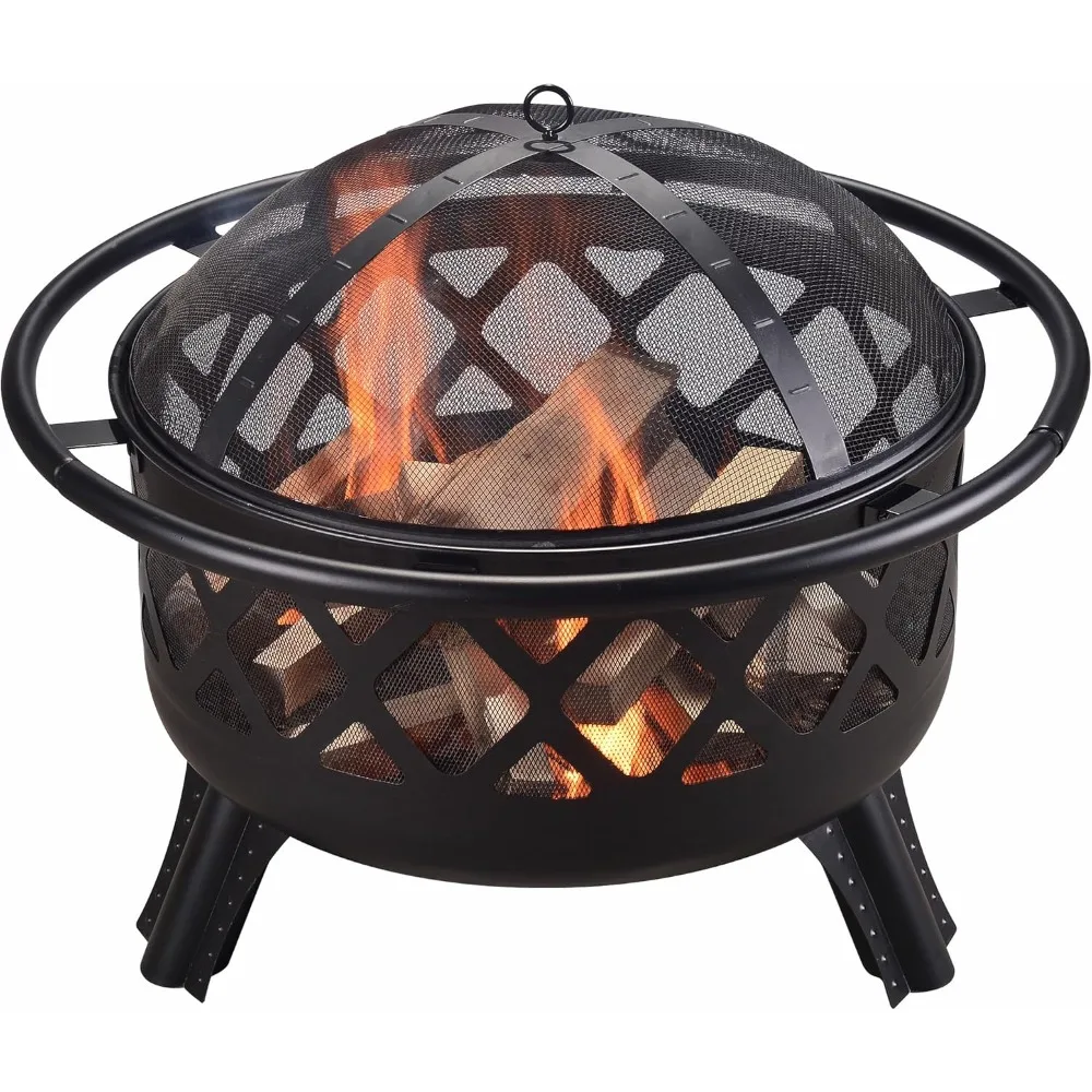 

Round Steel Outdoor Fire Pit with Firebowl, Poker, and Mesh Screen for Patio and Garden Use