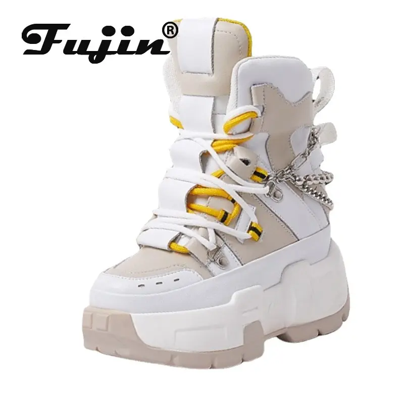 Fujin 9cm Cow Genuine Leather Platform Autumn Spring Mid Calf Motorcycle Boots Hidden Heel Women ZIP Non Slip Mixed Color Shoes