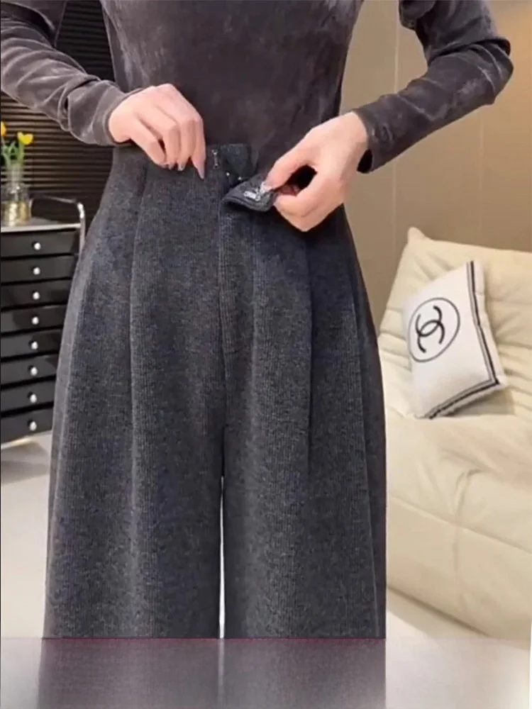 

High Waist Fce Lined Woolen Casual Pants Wide Leg Dra Straight Cut Slimming Effect Spring Season plus Size Women's Tro...