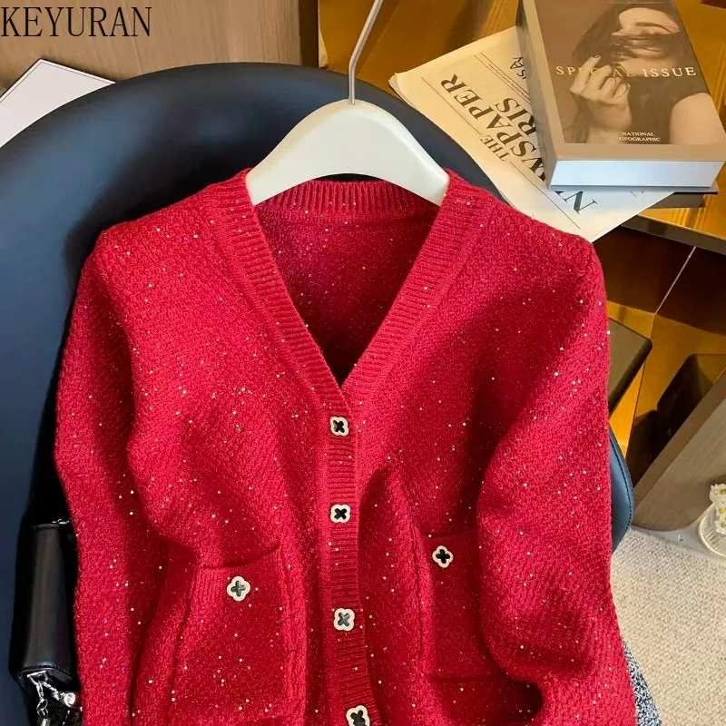 Elegancki czerwony kardigan damski na jesień i zimę, moda koreańska, krótki sweter z imitacji futra, patchworkowy czerwony płaszcz swetrowy, dzianina, dopasowany sweter.