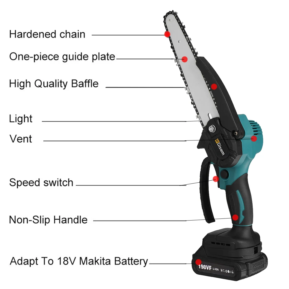 8 Inch Electric Chainsaw Brushless Rechargeable Chain Saw Woodworking Garden Mini Pruning Saw Power Tool for Makita 18V Battery