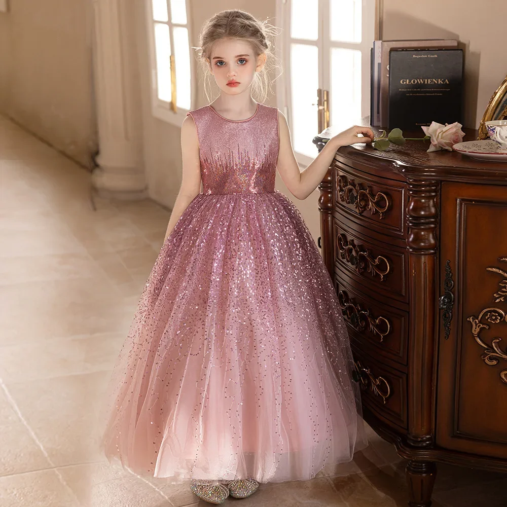 

Girls Princess Dress Pink Sequins High-end Dress Wedding Puffy Gauze Dresses Kids Birthday Party Performance Evening Dress 5 11Y