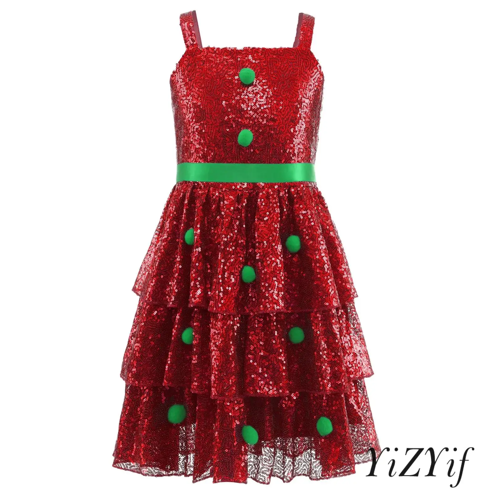 

Kids Girls Xmas Candy Cane Costume Sequin Pompom Sleeveless Back Invisible Zipper Christmas Princess Dress with Ribbon Waistbelt