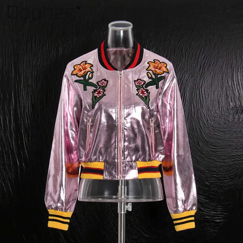 

European American Trendy Retro Patchwork Stand Collar Baseball Jacket Floral Embroidery Long Sleeve Short High-end Leather Coat