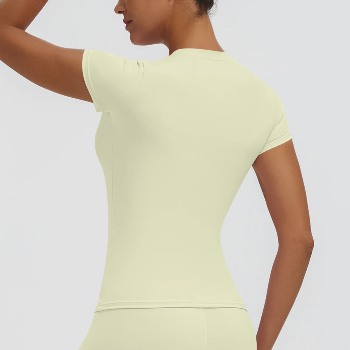 Hochelastisches, schnelltrocknendes, einfarbiges Yoga-Kurzarm-T-Shirt für Damen, Workout-Oberteil, schmal geschnittenes, lässiges Sport-, Lauf-, Fitness- und Yoga-T-Shirt. – Detail 30