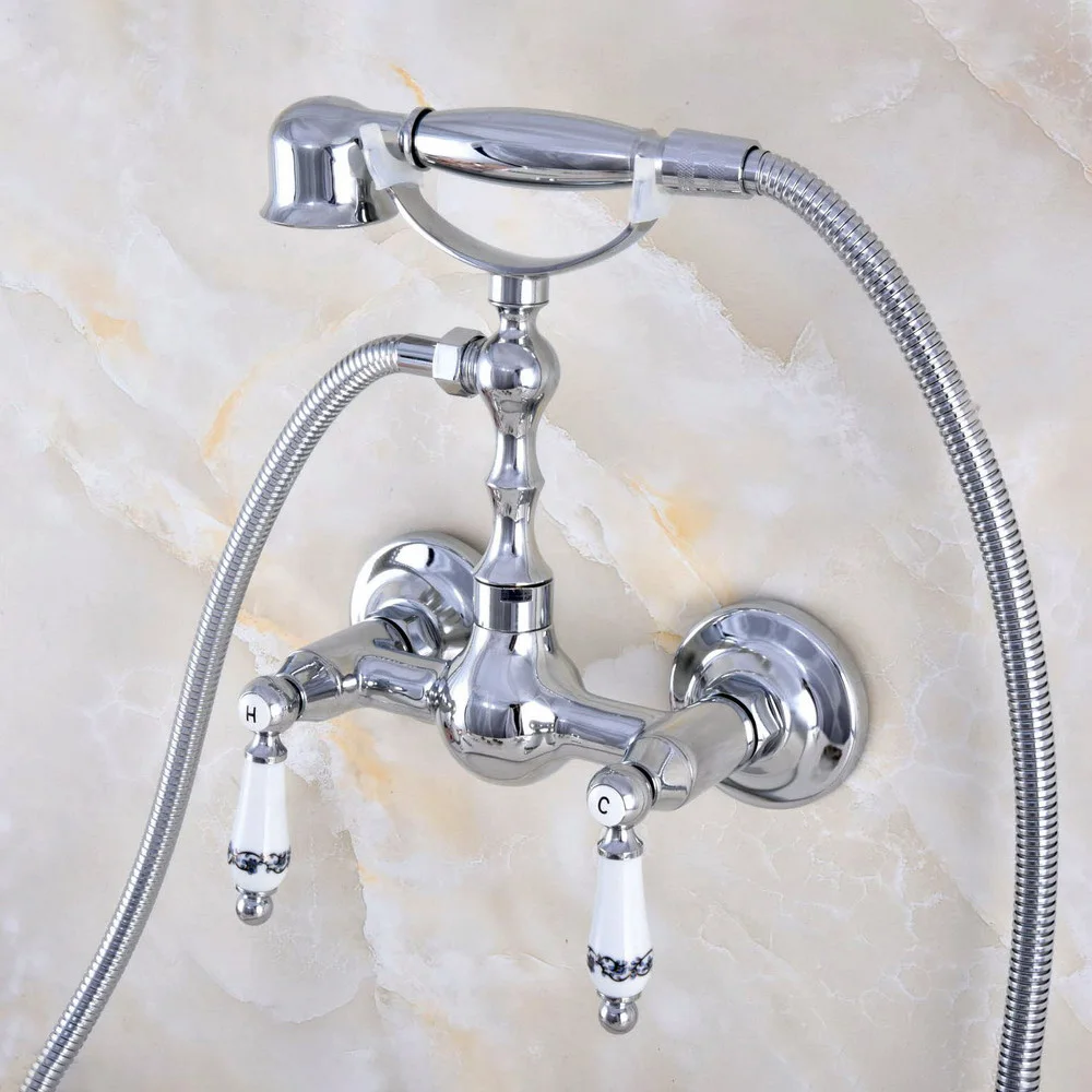 

Contemporary Chrome Brass Cross Handle Wall Mounted 2 Hole Bathtub Faucet with Handheld Shower Set +150CM Hose Mixer Tap 2tf837