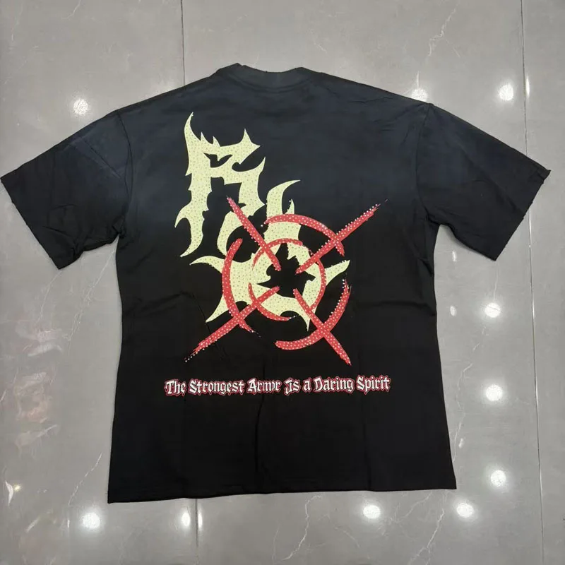 Skeleton Gunner Knight Print Royal Desert Rhinestone Label T Shirt Men Women Back Shoot Diamond Label Cotton T-shirt Clothes Tee