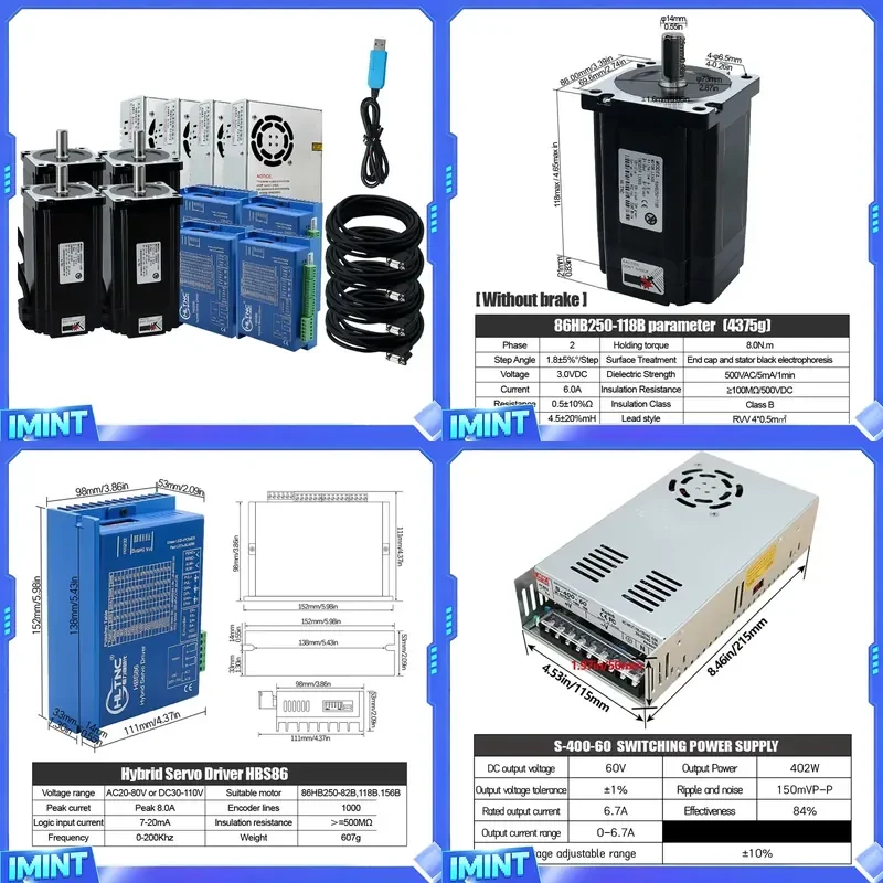 4 Axis Nema 34 Closed Loop Stepper Motor Kit 4.5Nm 8.5Nm 12Nm D=14mm Hybrid Servo Motor & HBS86H Driver & 60V 400W Power