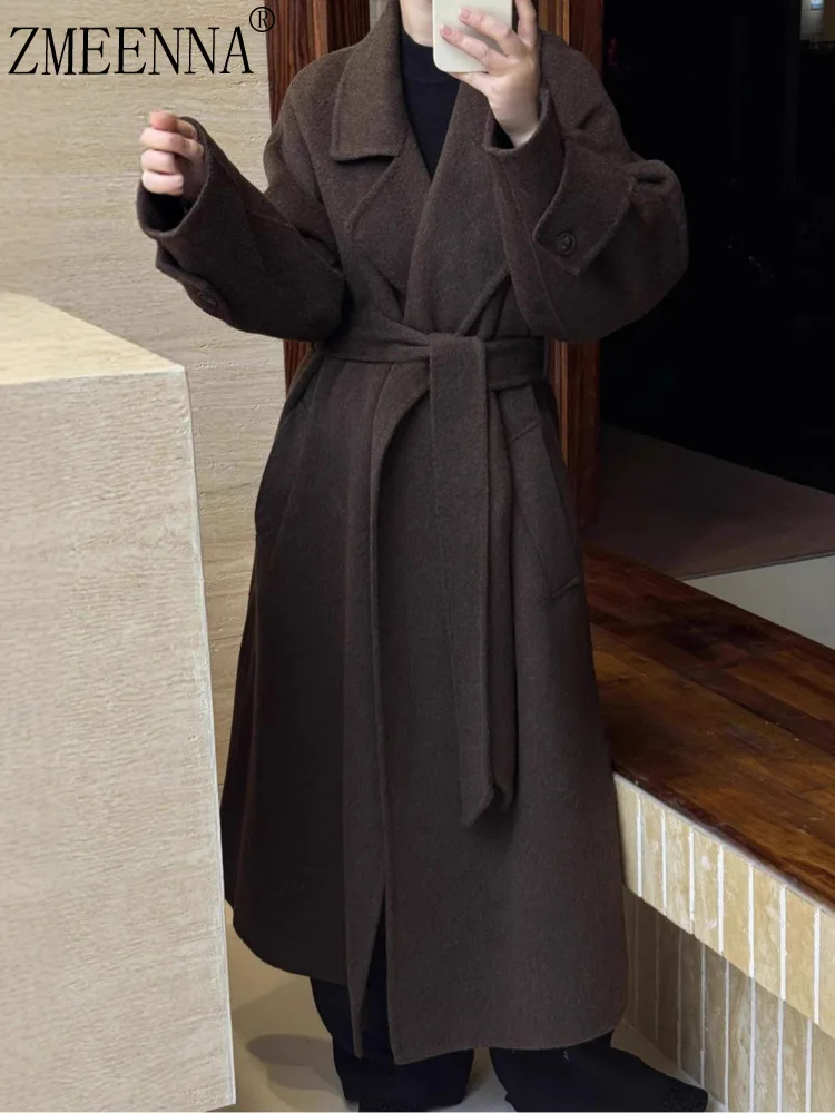

ZMEENNA Women's Wool Blend Wrap Coat With Belt Elegant Notch Lapel Maxi Jacket Oversized Brown Winter Outerwear ZM3618