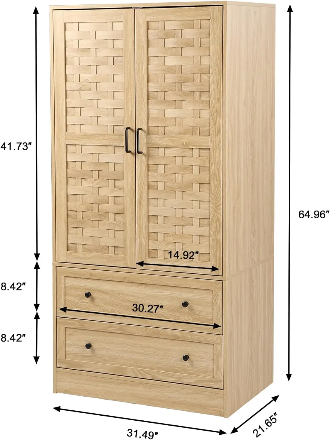 Levnary Armoire Wardrobe Closet, Wardrobe Cabinet With 2 Woven Doors And 2 Storage Drawers, Freestanding Hanging Rail Closet