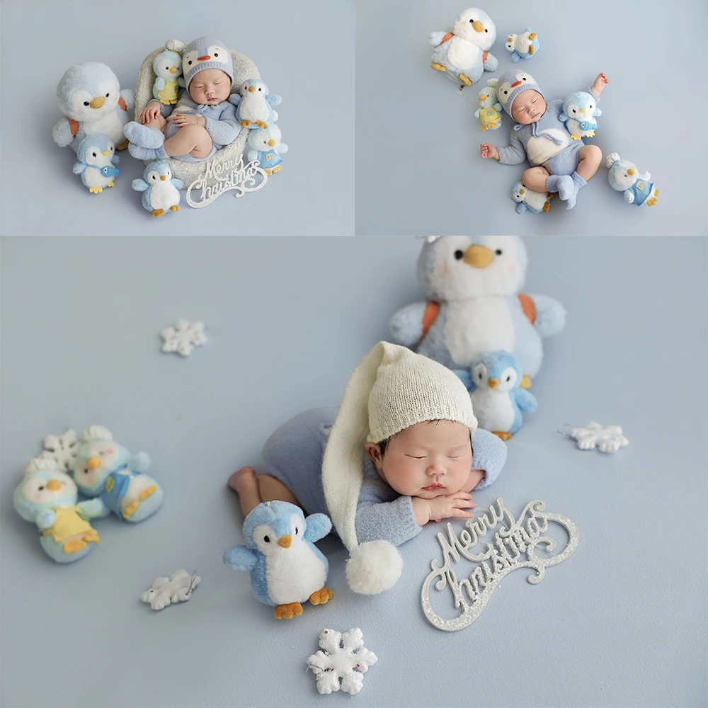Blue Winter Xmas Newborn Photography Props Baby Penguin Costume Set Plush Penguin Dolls Christmas Accessories for Studio Photo