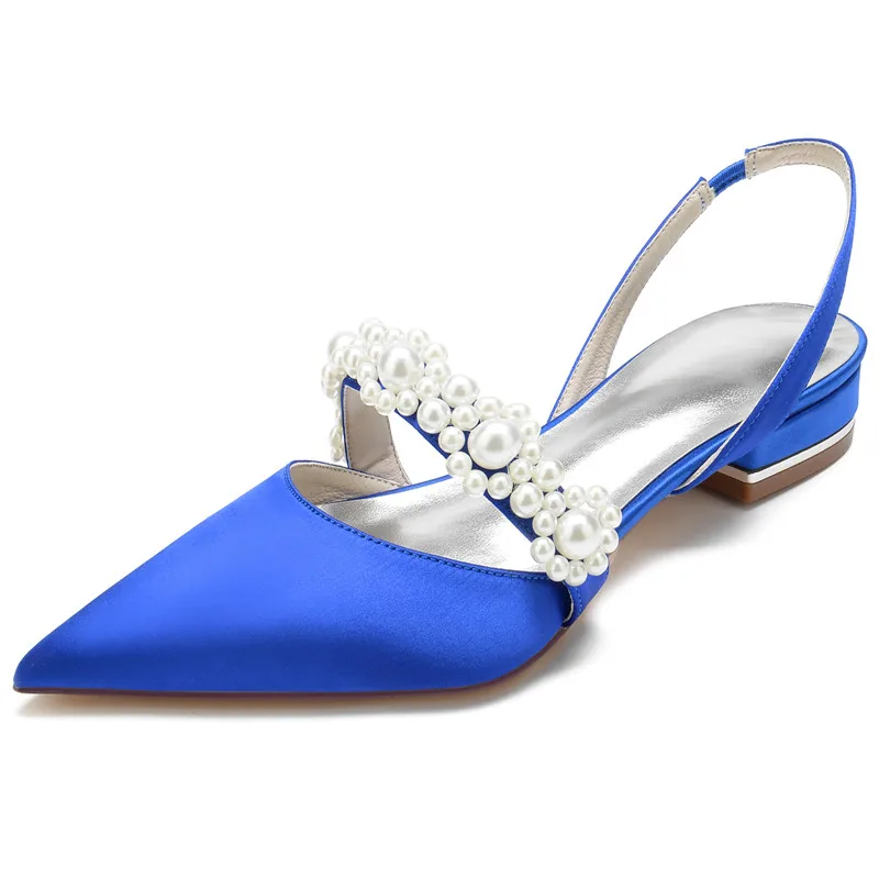 Satin Pearl Wedding Flats Shoes for Bride Pointed Toe Ankle Buckle Strap Prom Evening Formal Party Flat Slingbacks Women