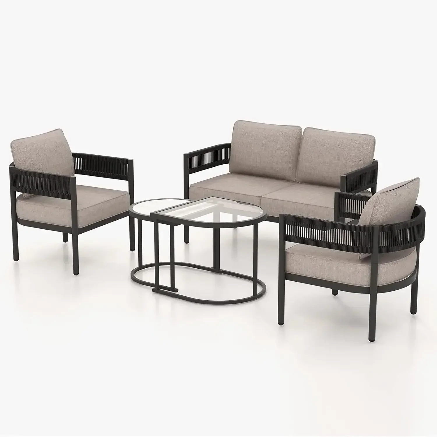 

5-Piece Outdoor Furniture Set with Thick Cushions and Coffee Table, Wicker Sofa Conversation Set for Backyard, Beige