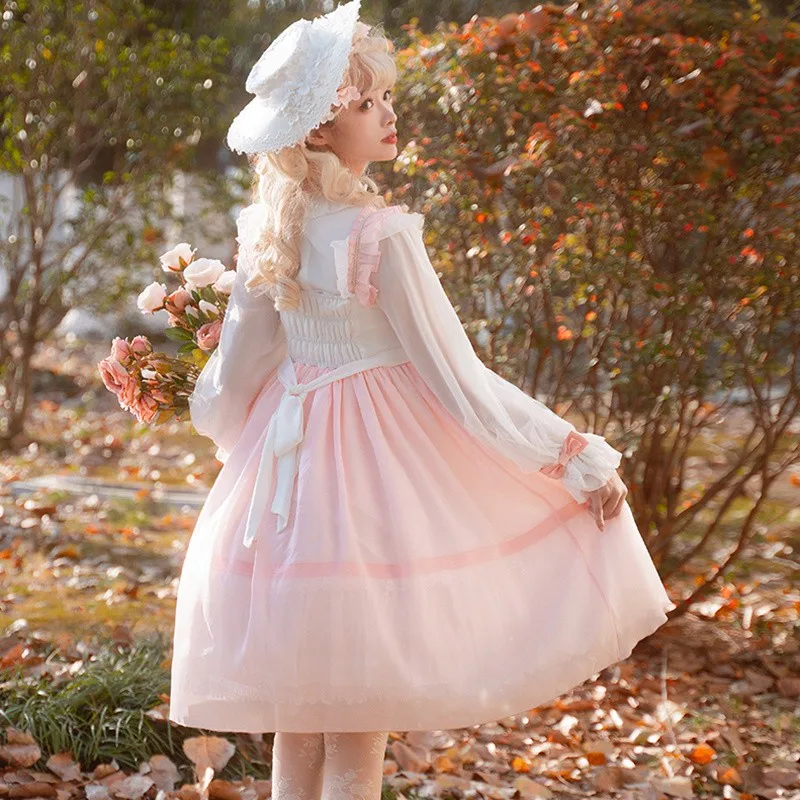 2 pièces Lolita OP robe lanterne manches chemise rose nœud volants bord robe printemps automne jolie robe L-4XL