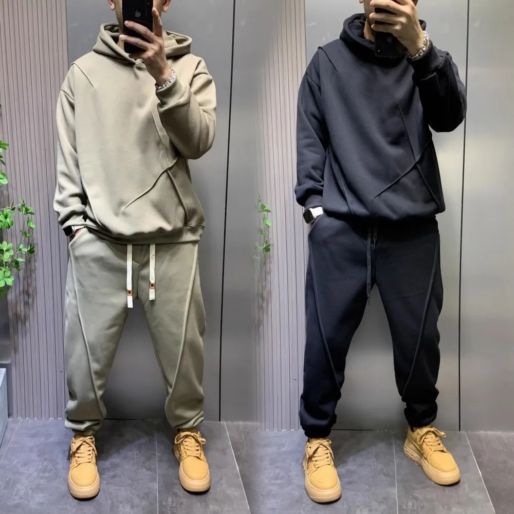 Men's 2Pcs Spring Autumn Tracksuit Solid Color Oversized Hoodie Pants Set Pinch Fold Streetwear Casual Loose Outfit