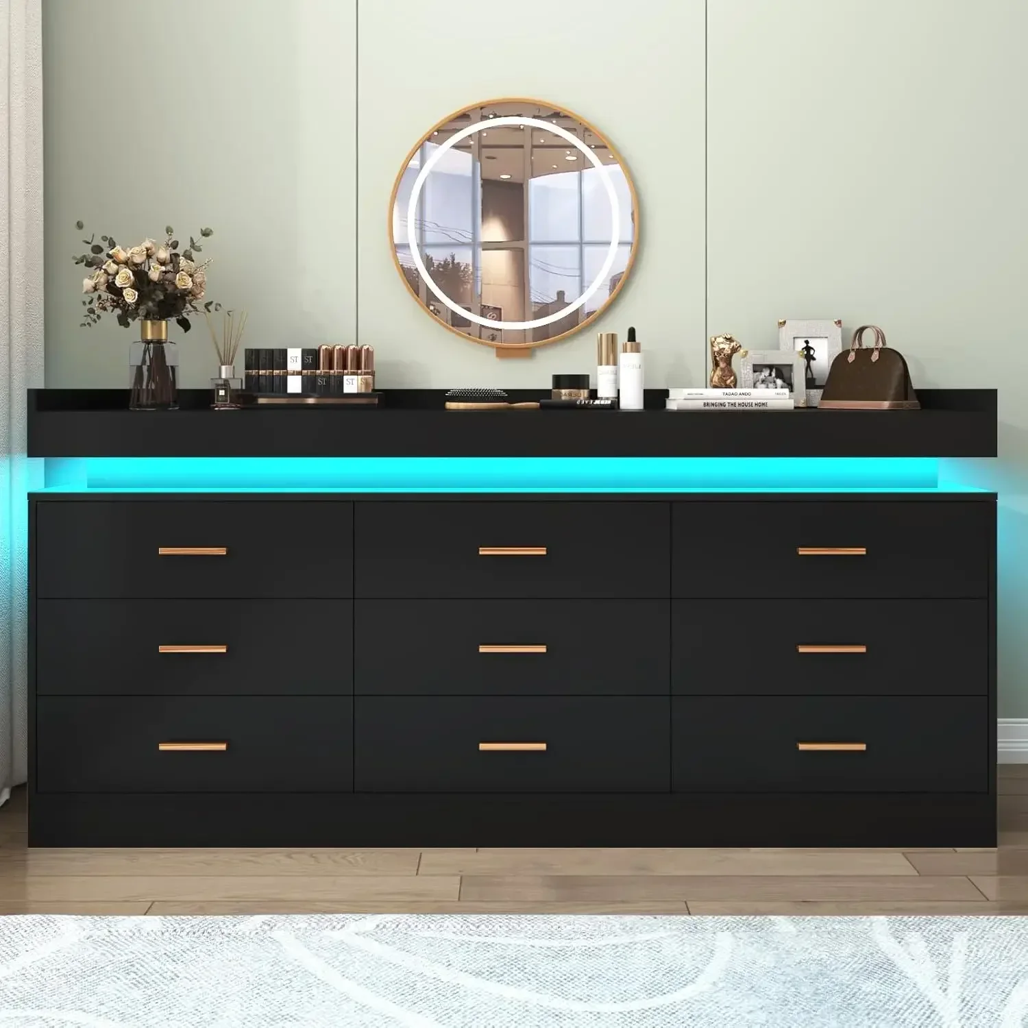 Dresser with LED Light and Charging Station,Modern Chest of Drawers for Closet,Wide Drawer Organizer Cabinet for Bedroom