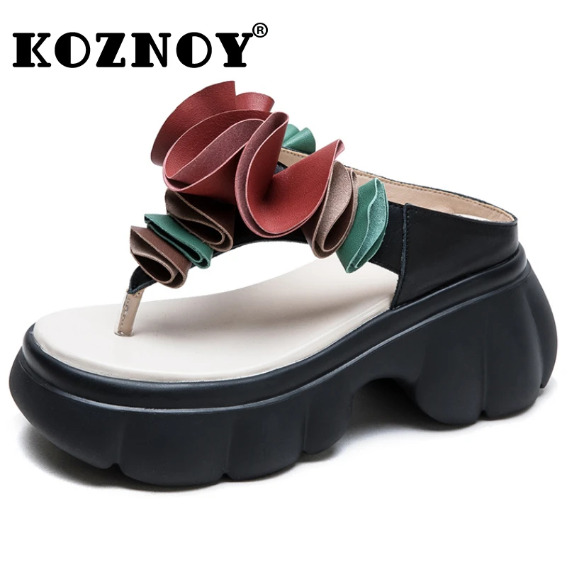 Koznoy 6cm Natural Genuine Leather Appliques Flower Slipper Summer Women Hollow Wedge Platform Sandals Peep Toe Fashion Shoes