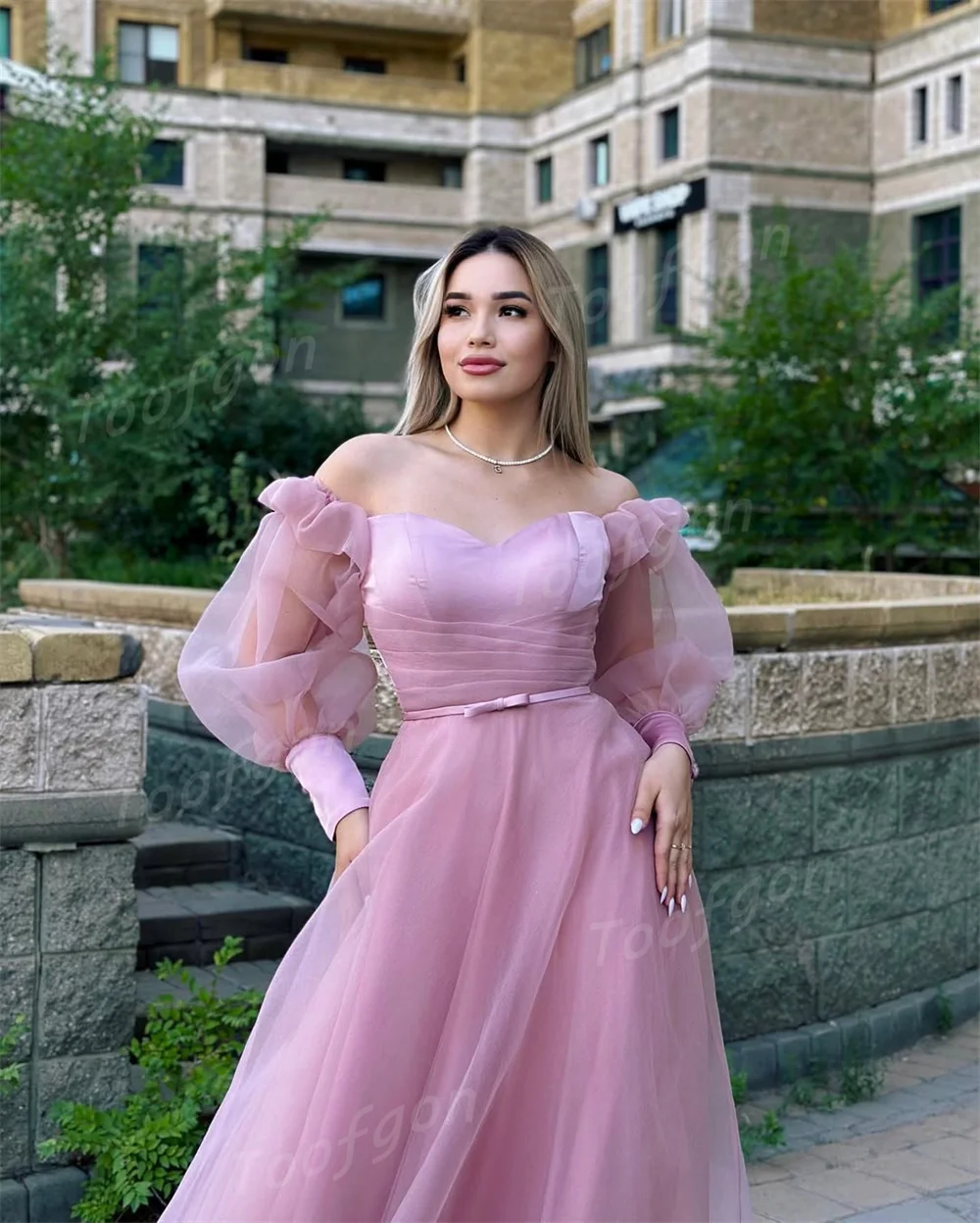 Toofgon Sweet Organza Light Purple Evening Dresses Long Puff Sleeve Formal Party Gown Customized Women Sweep Long Prom Dress