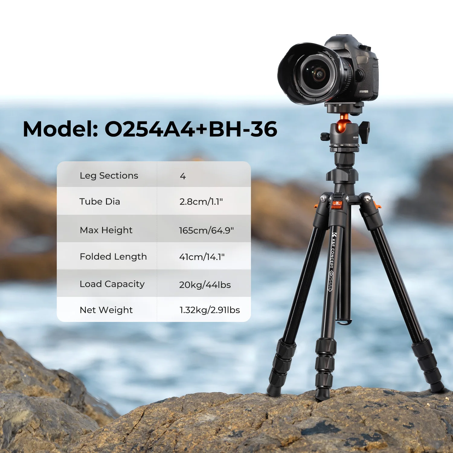 K&F Concept 64.96 Inch /1.65m Professional Camera Tripod O254A4+BH-36 Net Weight 1.32KG with Ball Head Load Capacity 20KG