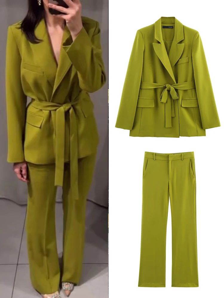 

Elegant Blazer Coat Women Green Loose Suit Fashion Lace-up Lapel Long Sleeve Pocket Jacket 2025 Autumn Office Wear Solid Coats