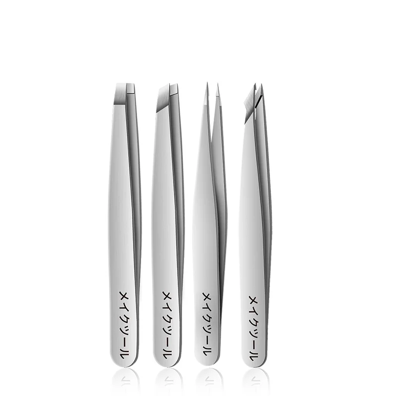 Eyebrow Tweezers Set 4 PCS Custom LOGO Slanted Pointed Flat Trimming Eyelash Tweezers Applicator Stainless Steel