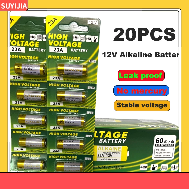 

20PCS 12V Alkaline Battery A23 23A 23GA A23S E23A EL12 MN21 MS21 V23GA L1028 GP23A LRV08 For Remote Control Doorbell Dry Cell