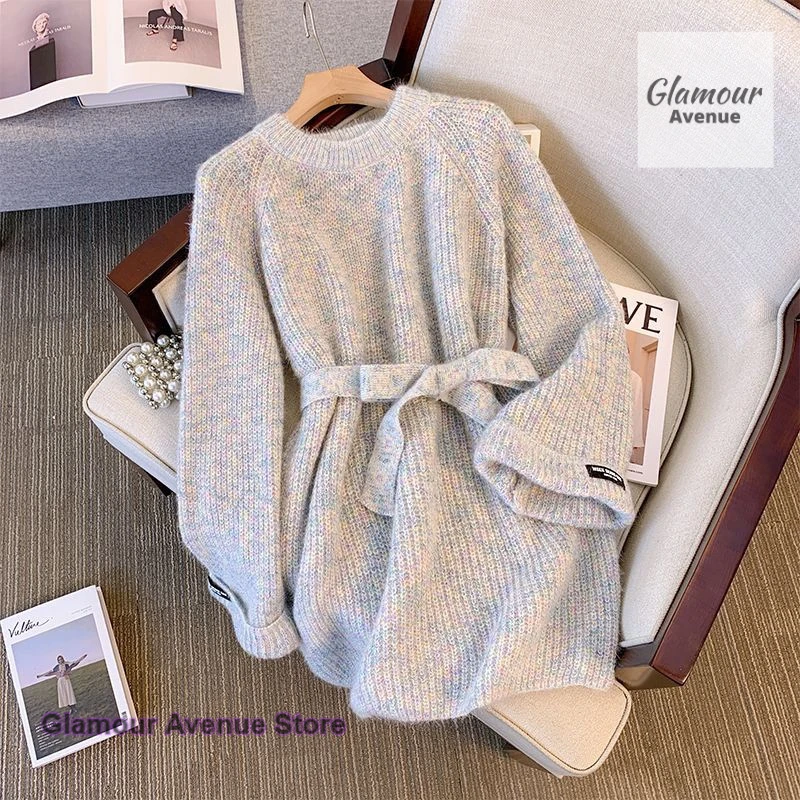 

Korean plus size round neck sweater dress women autumn and winter lazy wind casual Joker slim long waist pullover sweater.